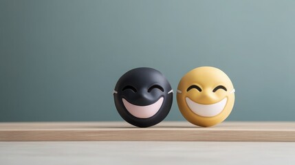 Two cheerful smiley faces, one black and one yellow, symbolizing happiness and diversity on a wooden table.