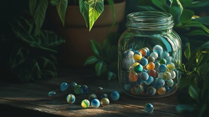 Canvas Print - A glass jar filled with colorful marbles sits surrounded by lush green plants. The scene has a warm, inviting feel. Perfect for home decor or nostalgic themes. AI