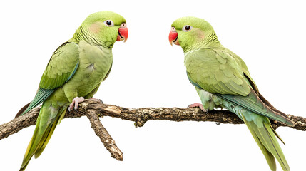 Two Green Parakeets Perched on Branch Isolated on White