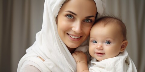 Woman holding baby in white clothing