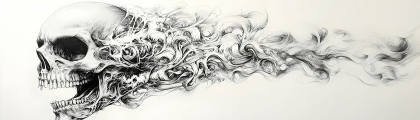 Wall Mural - Abstract Skull with Smoke Drawing in Black and White