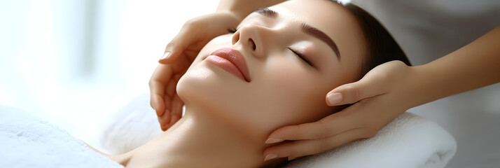 A beautiful woman is lying on the massage table with her eyes closed, and an Asian professional masseuse's hands gently touch her face and neck to smooth her skin. The background is white