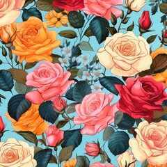 Poster - Colorful rose pattern on blue background