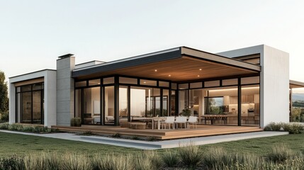 Modern house with large windows, open layout, and a green landscape, ideal for showcasing contemporary architecture.