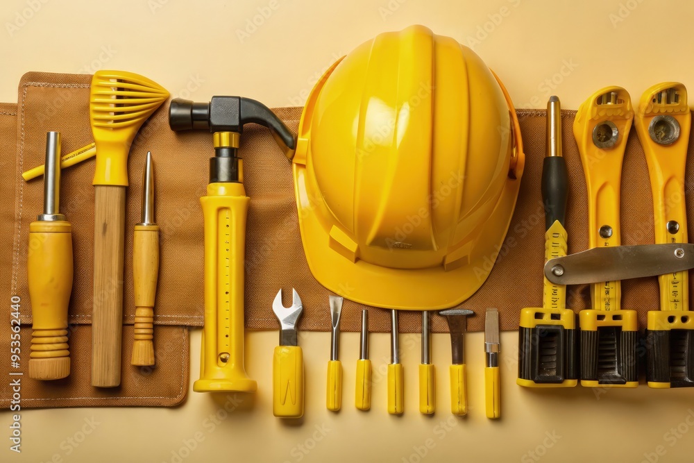 Construction tools and safety gear arranged on neutral background with ...