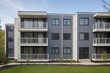 © Iresha - Modern multifamily building with Hardie plank siding, featuring rectangular shapes, balconies, and windows in a tree-lined setting.