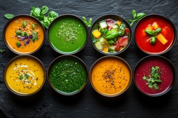 An assortment of vibrant vegetable cream soups elegantly arranged on a black stone countertop, showcasing fresh ingredients and healthy eating choices