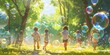 © Boomanoid - Children Playing with Bubbles in a Sunlit Forest, Joyful Kids, Summer Fun, Nature, Outdoor Play