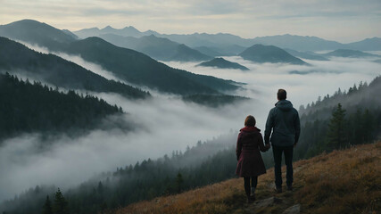 Wall Mural - man and woman in Foggy mountain landscape background