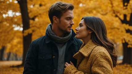 man and woman in Golden autumn leaves background