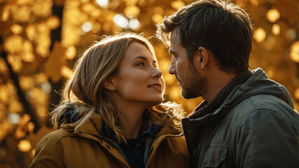 Wall Mural - man and woman in Golden autumn leaves background