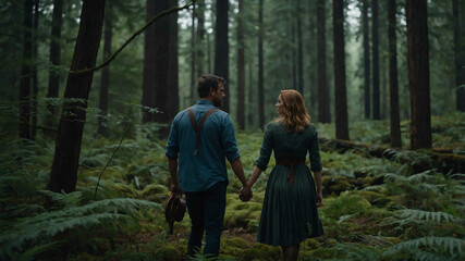 Wall Mural - man and woman in Quiet forest clearing background