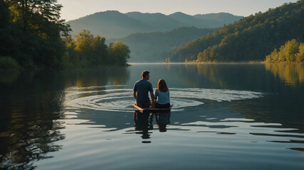 man and woman in Quiet lake in the morning background