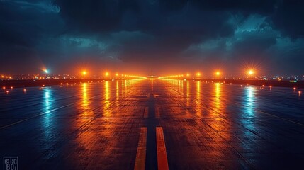 Wall Mural - Dark asphalt runway at night with airplane lights in the sky