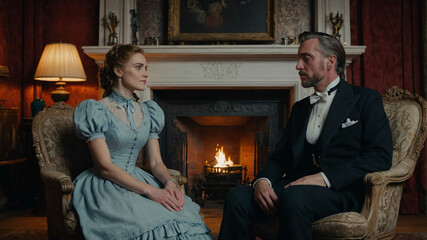 man and woman in Victorian sitting room with fireplace background