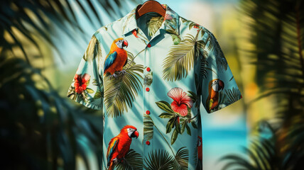 Wall Mural - A tropical shirt with a parrot on it. The shirt is blue and has a red button