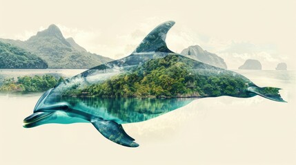 Double exposure. Dolphin and forest with sea. Theme of ecology and environmental protection