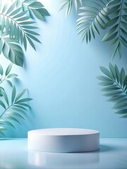 Sticker - Soft blue and white background with leaves framing a circular pedestal. Generative AI