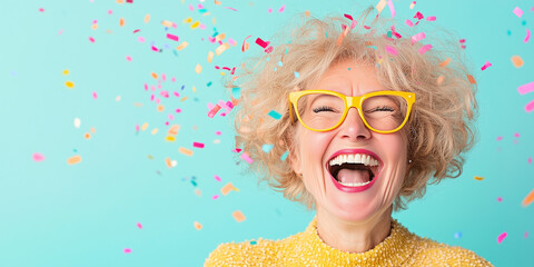 Happy laughing senior woman granny grandmother  with yellow glasses and falling confetti on teal blue background. Modern old woman with smile celebrating at party or winning lottery