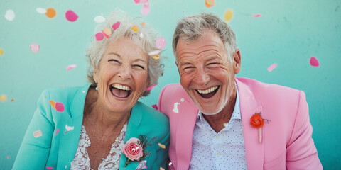 Canvas Print - Happy laughing senior couple women and man with glasses and falling confetti on teal blue background. Modern old guy with smile celebrating at party. Winning Lottery. 