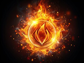 A blazing flame surrounds a modern, abstract logo, symbolizing passion, energy, and innovation, set against a dark