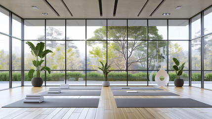 Wall Mural - Empty yoga studio interior design architecture, minimal open space, spatial organization with mats and accessories, ready for yoga practice, panoramic window with summer panorama