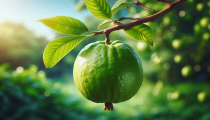 fresh green guava fruit on tree branch with leaves