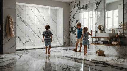 kids in Contemporary bathroom with marble tiles background