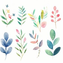 Sticker -  a series of pretty watercolor botantical designs with an illustrative, brush stroke hand-drawn style that are all in the same family and style isolated on white 