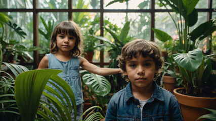 Wall Mural - kids in Indoor garden room with tropical plants background