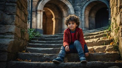 Poster - kids in Old stone staircase background