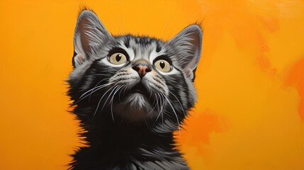  Grey cat on yellow background