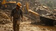 © indyntk - Gold miner working at a mining site in heavy rain during the rainy season, drenched and focused, surrounded by mud and mining equipment