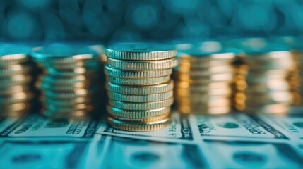 Stacks of coins on US dollar bills showcasing financial growth investment opportunities and the prosperity associated with successful money management and business strategies