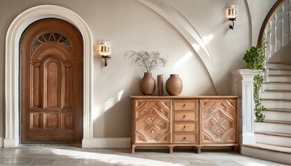 Wooden cabinet near venetian stucco wall with arched doorway Mediterranean interior design of modern entrance hall with staircase.