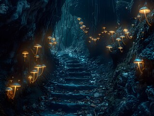 Mysterious Glowing Mushroom Lit Path in Dark Cave Entrance