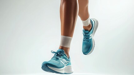 Close-up of athletic shoes in mid-air against a neutral background