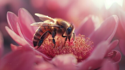 Sticker - CloseUp of a Honeybee Collecting Pollen on Vibrant Pink Flower in Soft Sunlight