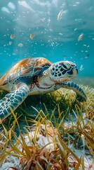 Wall Mural - graceful sea turtle gliding over vibrant seagrass bed in tranquil underwater oasis