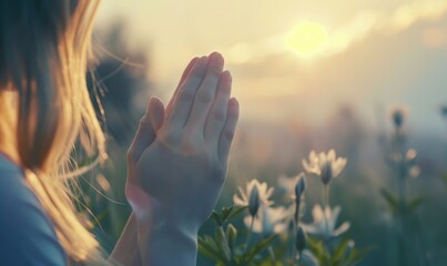 Close-up of the hands of a believer praying girl against the backdrop of nature. Banner with copy space.