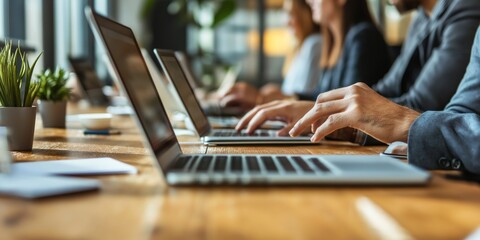 Poster - A collaborative workspace filled with professionals who are actively working on their laptops, engaging in brainstorming sessions while focusing on their tasks to foster productivity and creativity