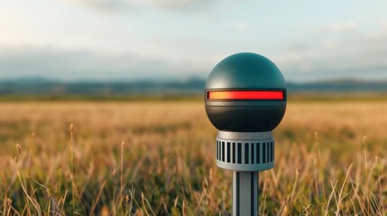 Spherical environmental monitoring sensor device tracking and reporting real time air data in vast rural countryside landscape with deep depth of field