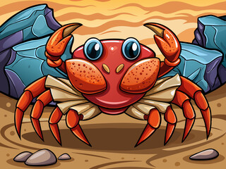 Wall Mural - cartoon vector illustration of red crab, sand beach isolated background