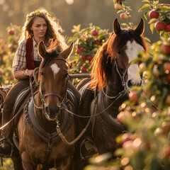 Wall Mural - Woman riding through apple orchard