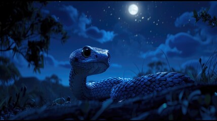 Wall Mural - Blue snake with glowing scales at night