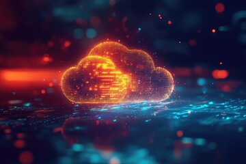 Vibrant digital cloud icon illuminated with neon colors, representing cloud technology and data storage in a futuristic setting.