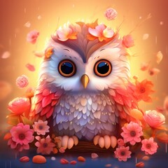 Cute baby owl in bright sunny colors in a flower meadow.