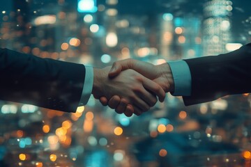 Fototapete - Shaking hands is universally recognized as a powerful symbol of partnership and collaboration, especially in the dynamic and competitive landscape of a bustling city setting and environment