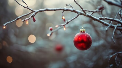 Sticker - A red Christmas ornament hangs from a tree branch. Christmas background