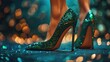 © Boomanoid - Elegant Green Glitter High Heels on Nightlit Dance Floor with Bokeh Lights